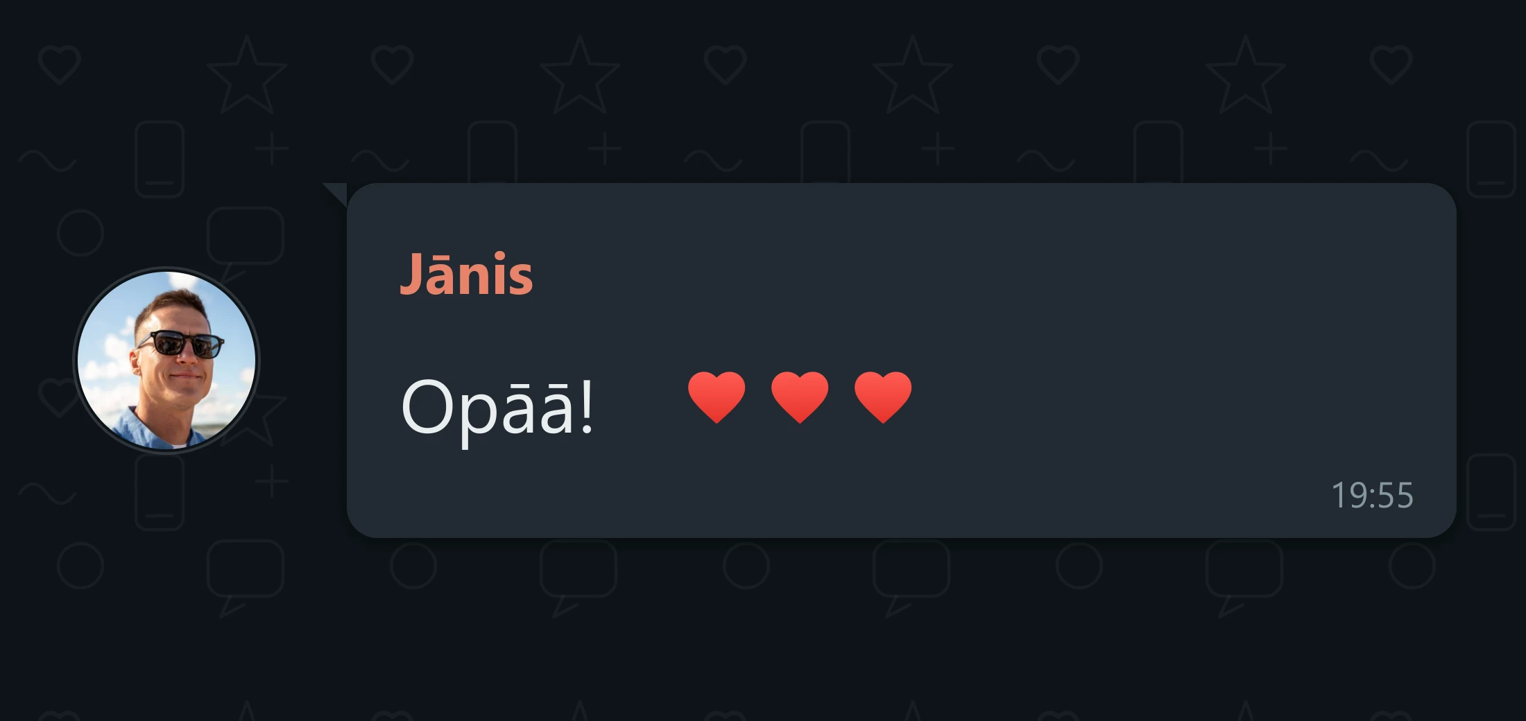 WhatsApp message from Jānis, a new client, reacting to their new site: Opāā! with three red hearts